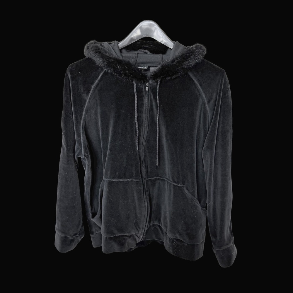 Y2K St Johns Bay Whimsigoth Black Velour Faux Fur Trim Zip Hoodie Sweatshirt 2X
